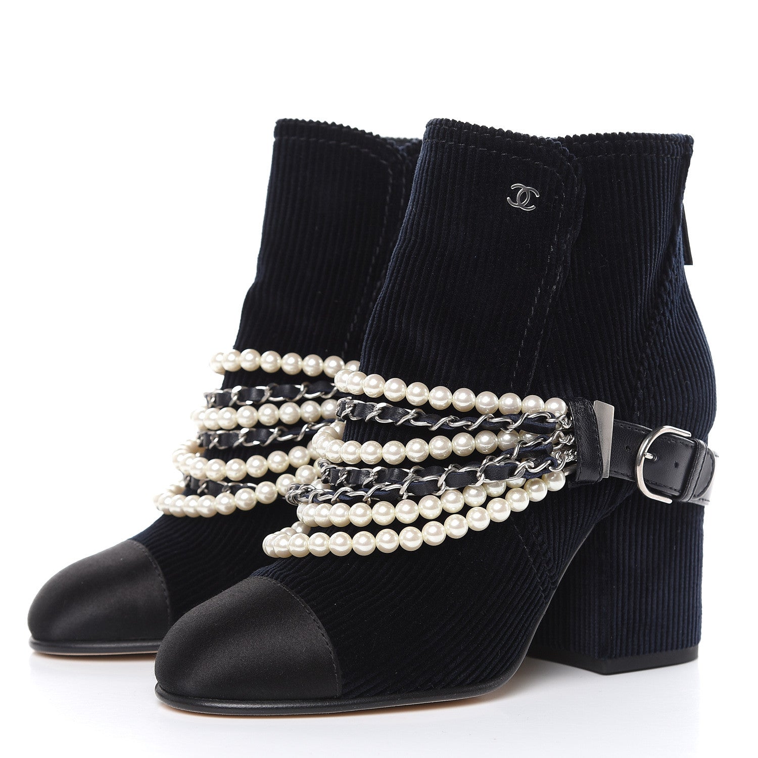 Chanel Velvet Satin Cap Cap Toe Short Boots 37 Navy Black 3 of 7