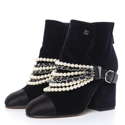 Chanel Velvet Satin Cap Cap Toe Short Boots 37 Navy Black 3 of 7