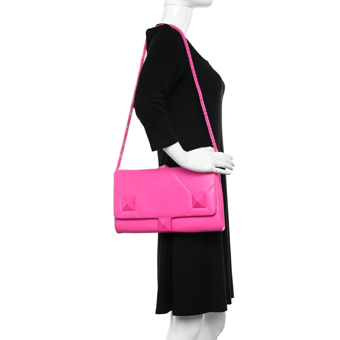 Nappa Lacquer Monochrome Roman Stud Wallet On Chain Pink PP