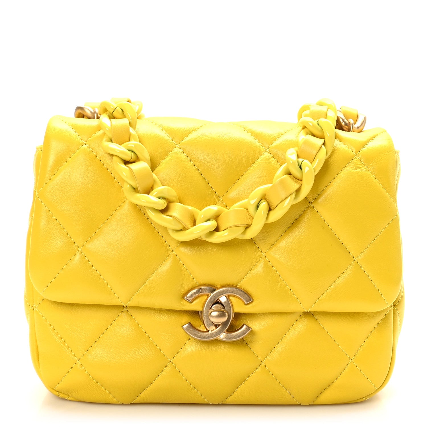 Chanel Lambskin Quilted Mini Lacquered Chain Flap Yellow 1 of 9