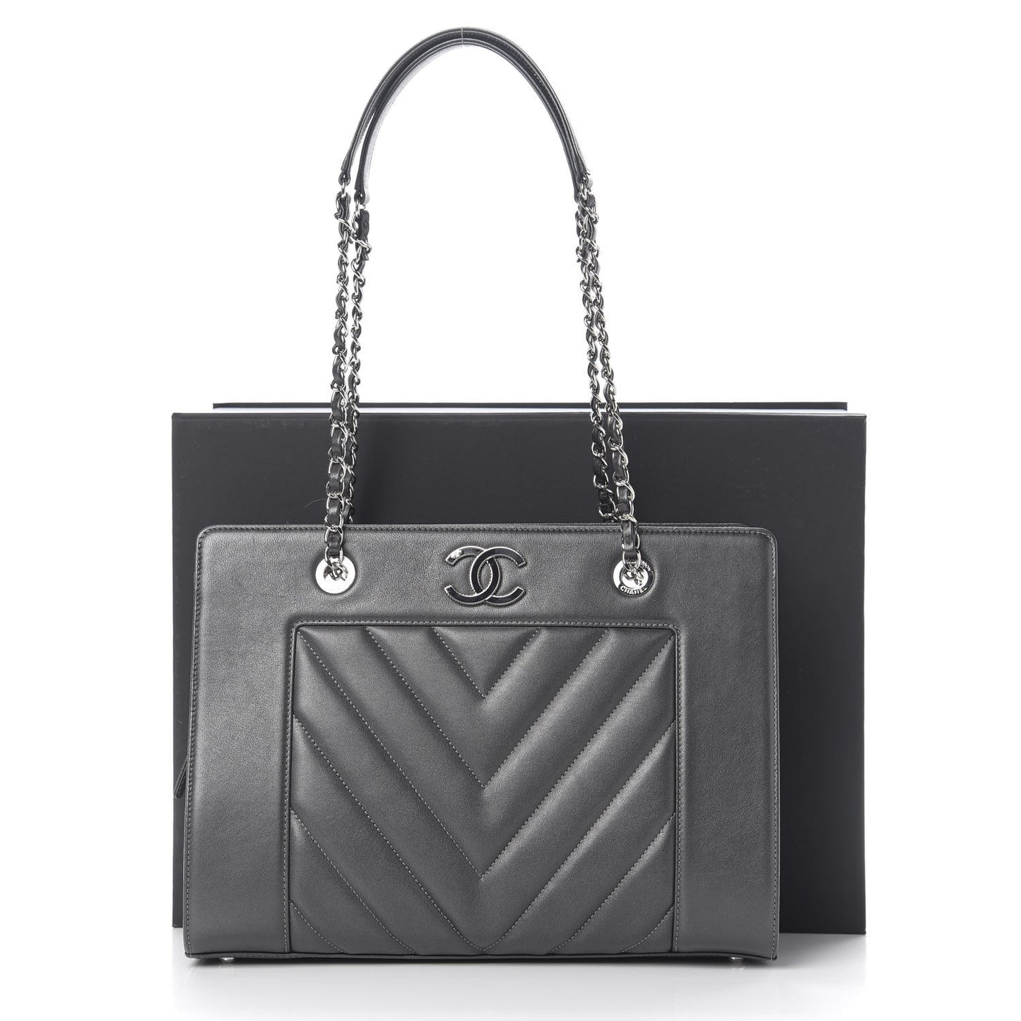 Sheepskin Chevron Quilted Mademoiselle Vintage Shopping Tote Dark Grey