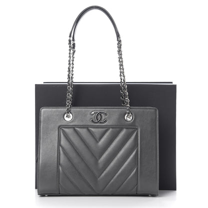 Chanel Sheepskin Chevron Quilted Mademoiselle Vintage Shopping Tote Dark Grey 11 of 11