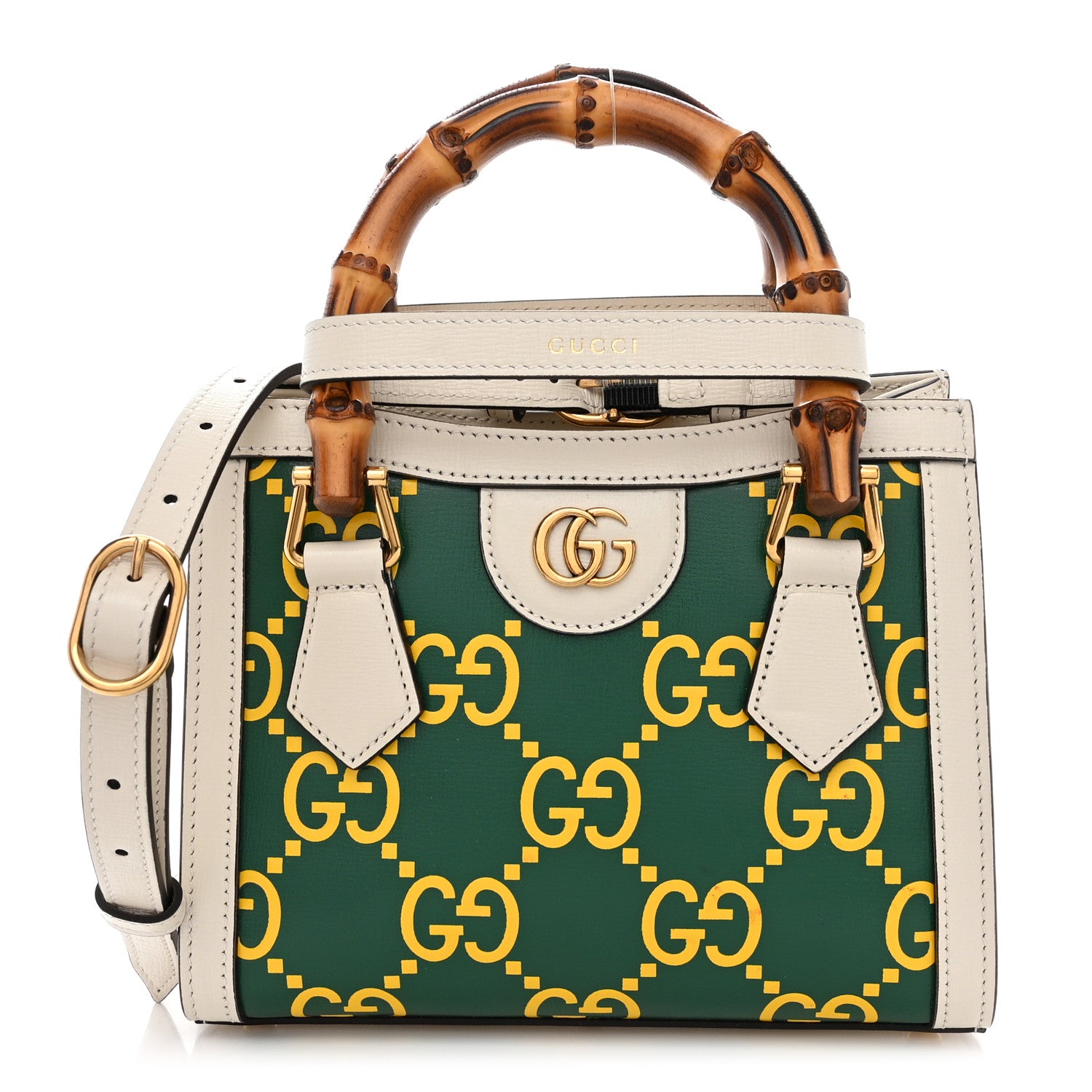 Gucci Azalea Calfskin GG Monogram Bi-Color Debossed Mini Diana Tote Bag Emerald Stone Topaz Mystic White 2 of 12