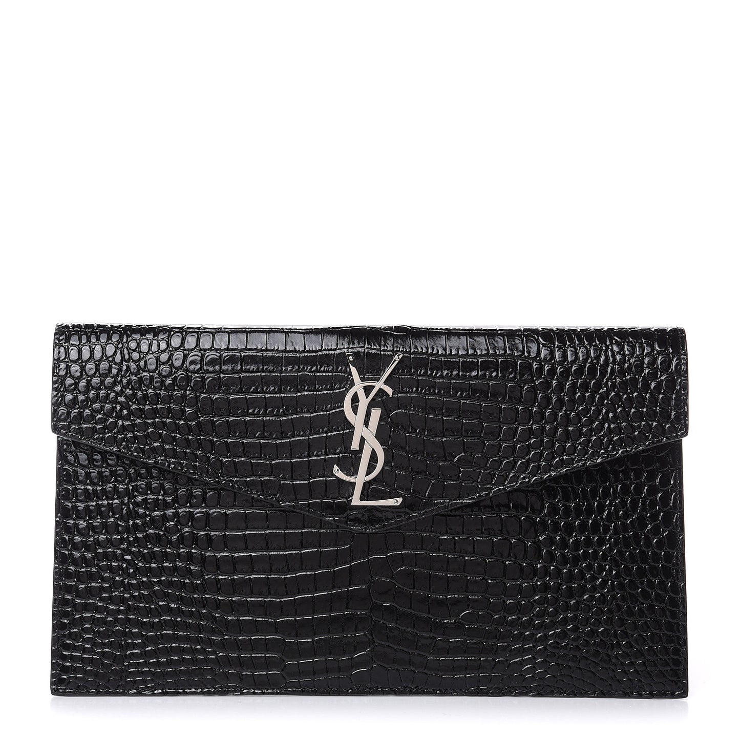Calfskin Crocodile Embossed Uptown Monogram Clutch Black