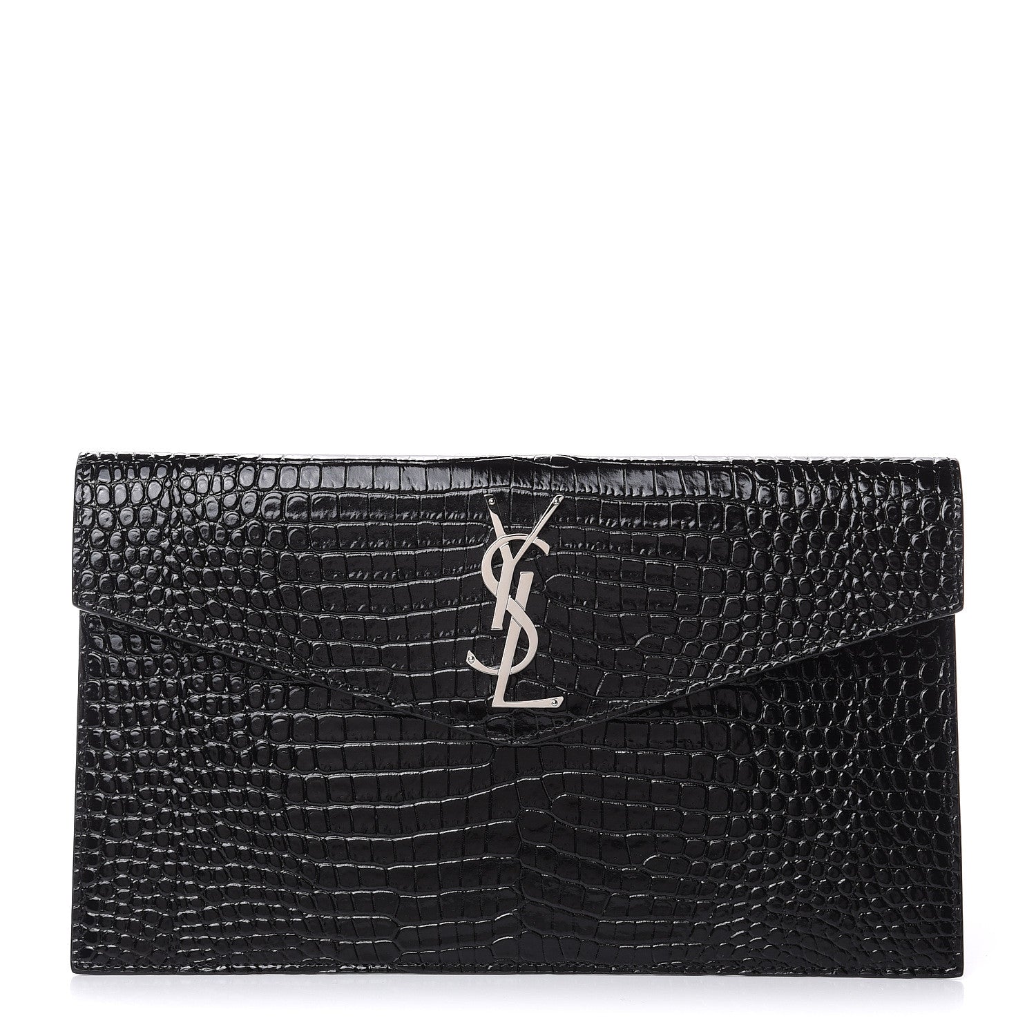 Saint Laurent Calfskin Crocodile Embossed Uptown Monogram Clutch Black 1 of 6