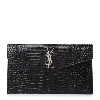 Saint Laurent Calfskin Crocodile Embossed Uptown Monogram Clutch Black 1 of 6