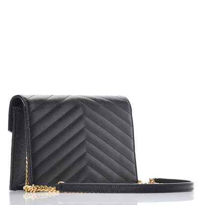 Saint Laurent Grain De Poudre Matelasse Chevron Monogram Envelope Chain Wallet Black 3 of 11