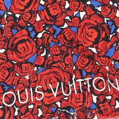 Louis Vuitton Wool Silk Cashmere Rock N Roses Stole Red Blue Multicolor 2 of 3