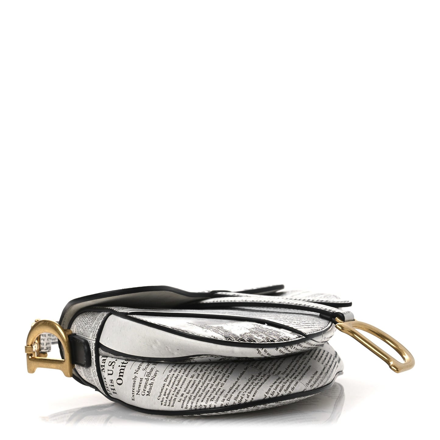 Calfskin Newspaper Printed Saddle Bag With Strap Black White