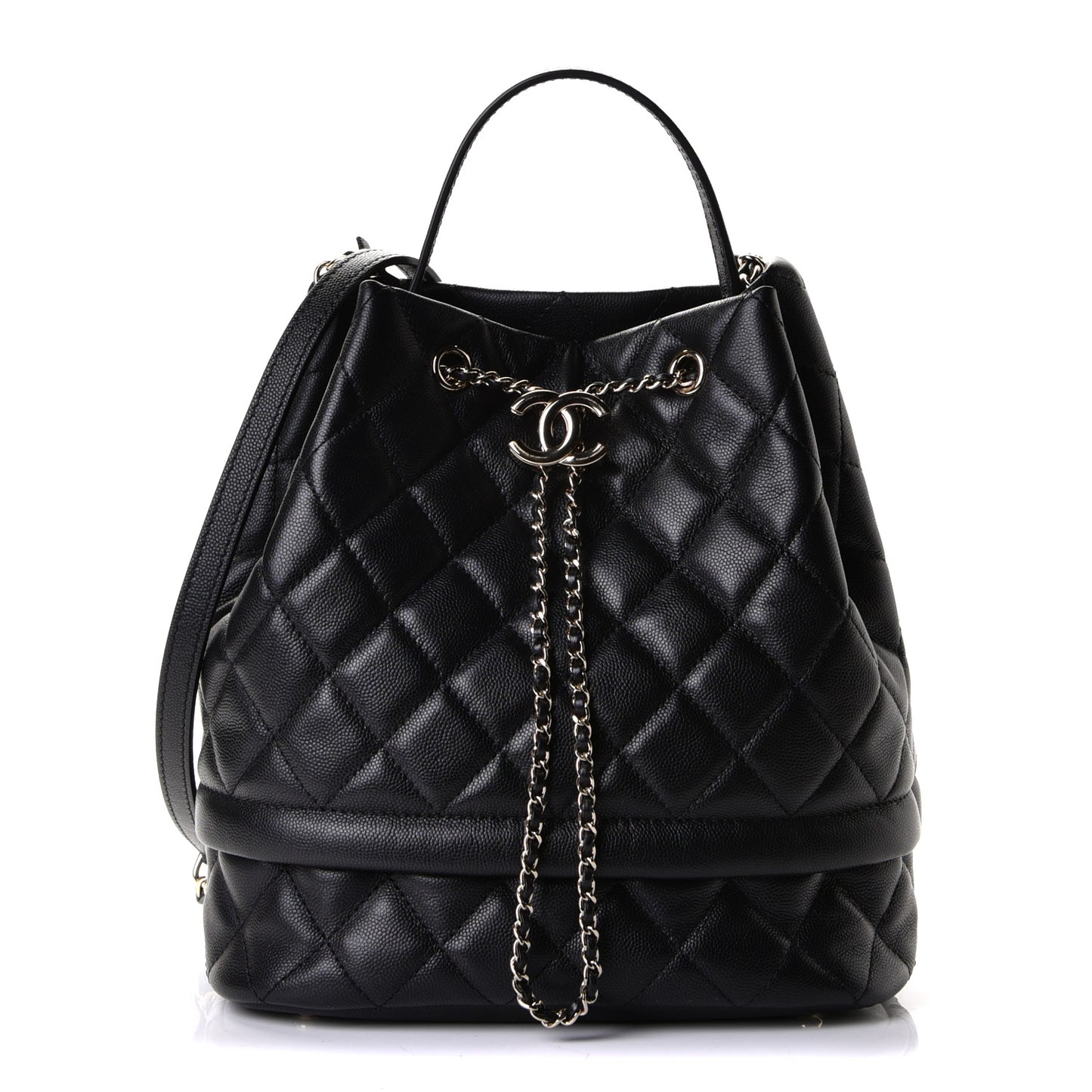 Caviar Quilted Large Rolled Up Bucket Drawstring Bag Black