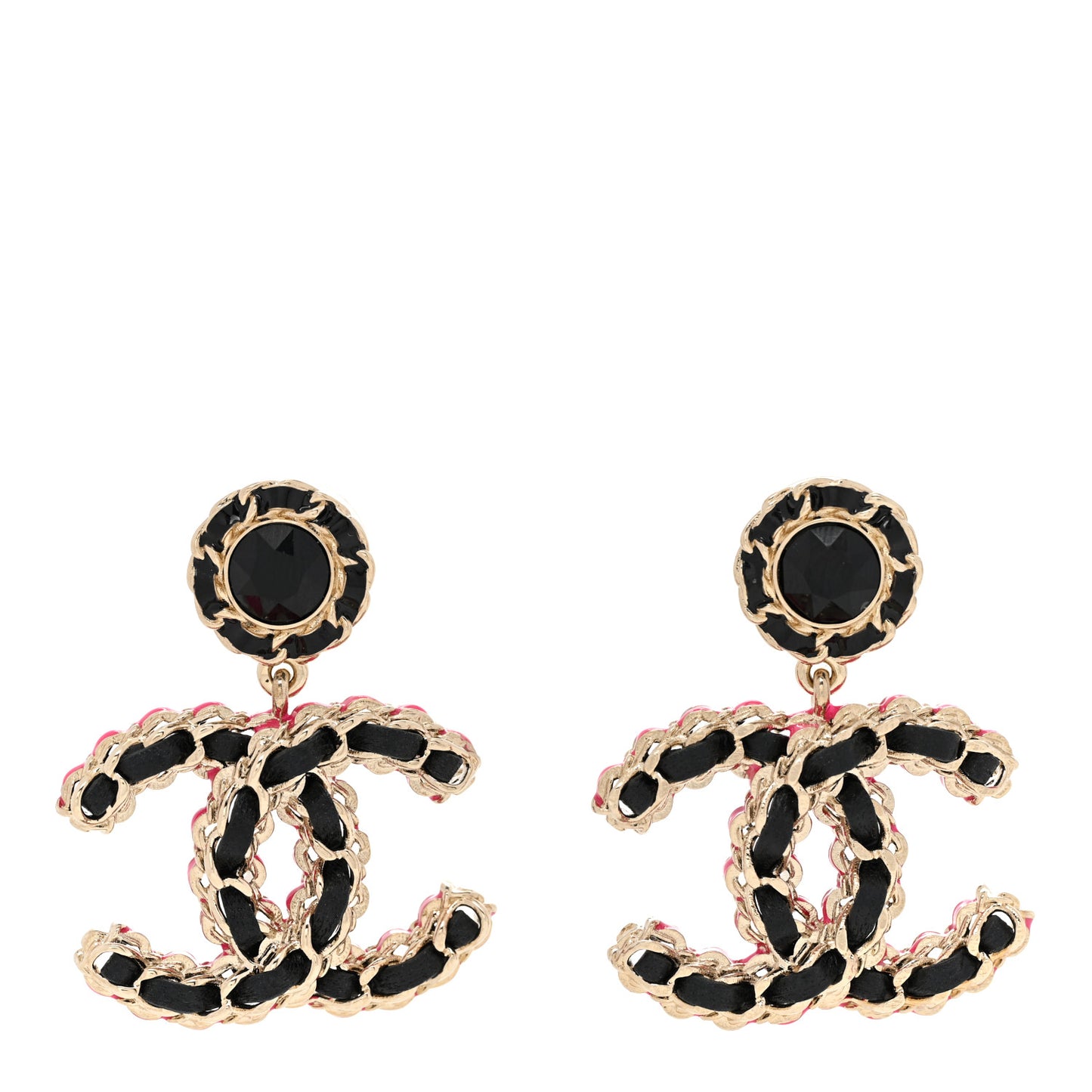 Metal Lambskin CC Chain Drop Earrings Gold Pink