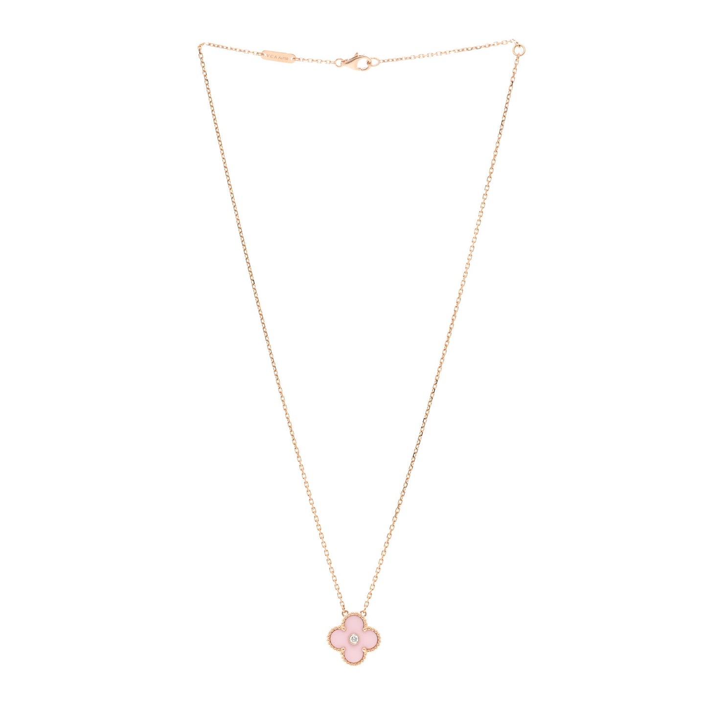 18K Rose Gold Diamond Pink Porcelain Vintage Alhambra Pendant Necklace