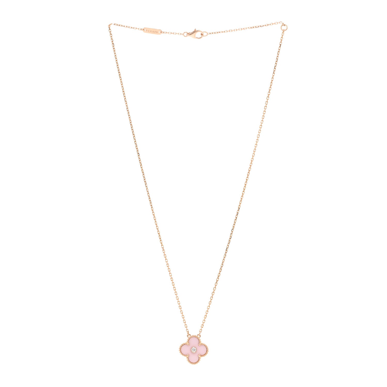 Van Cleef & Arpels 18K Rose Gold Diamond Pink Porcelain Vintage Alhambra Pendant Necklace 3 of 5