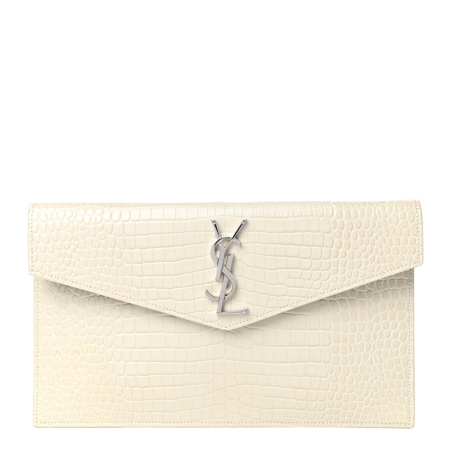 Calfskin Crocodile Embossed Uptown Monogram Pouch Crema Soft