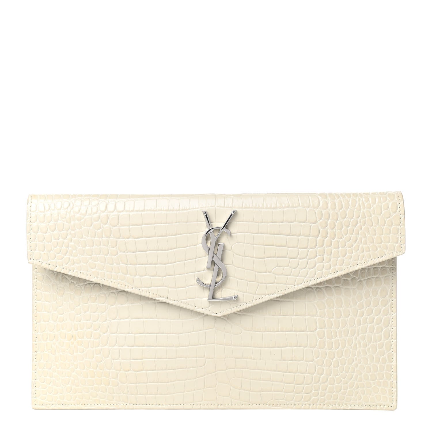 Saint Laurent Calfskin Crocodile Embossed Uptown Monogram Pouch Crema Soft 1 of 7