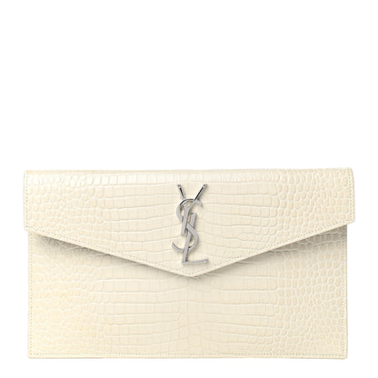 Saint Laurent Calfskin Crocodile Embossed Uptown Monogram Pouch Crema Soft 1 of 7