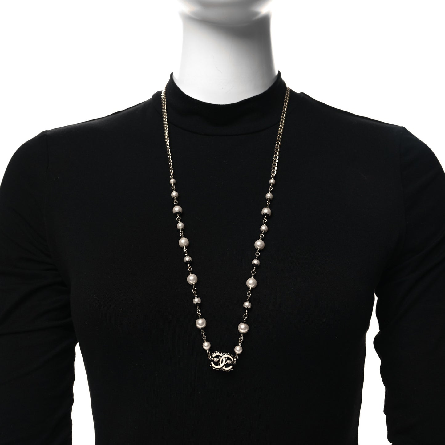 Metal Enamel Pearl CC Necklace Gold Black White