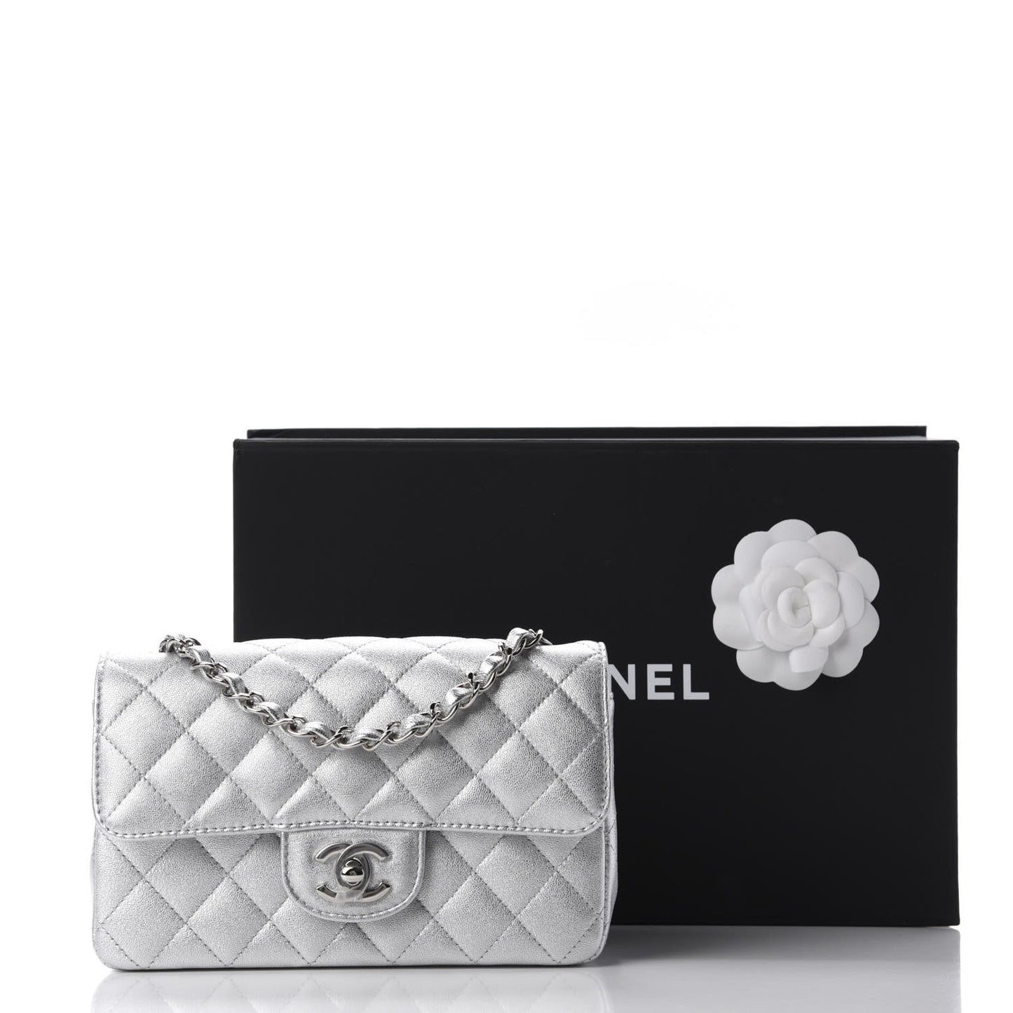 Metallic Lambskin Quilted Mini Rectangular Flap Silver