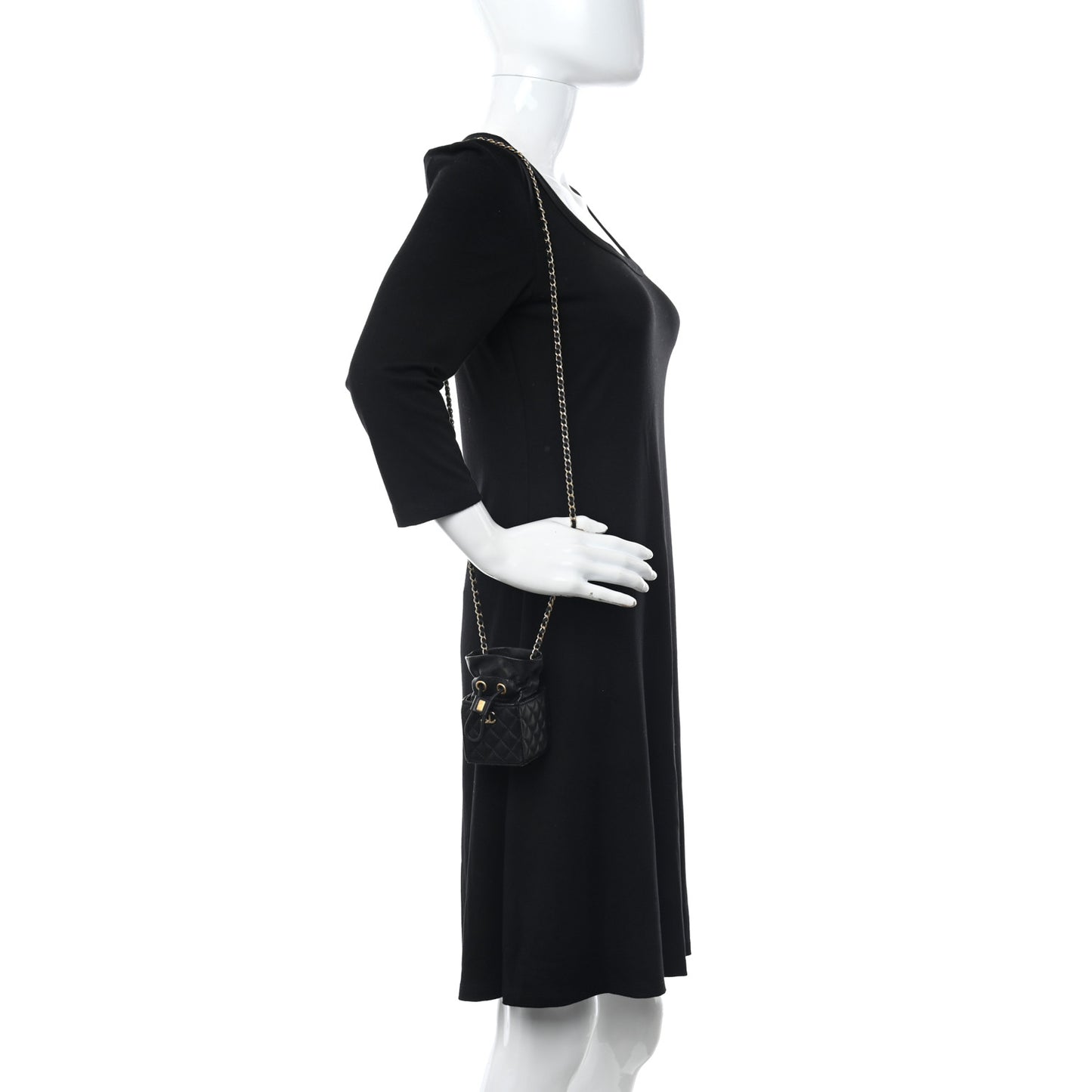 Calfskin Quilted Mini Drawstring Bucket Bag Black