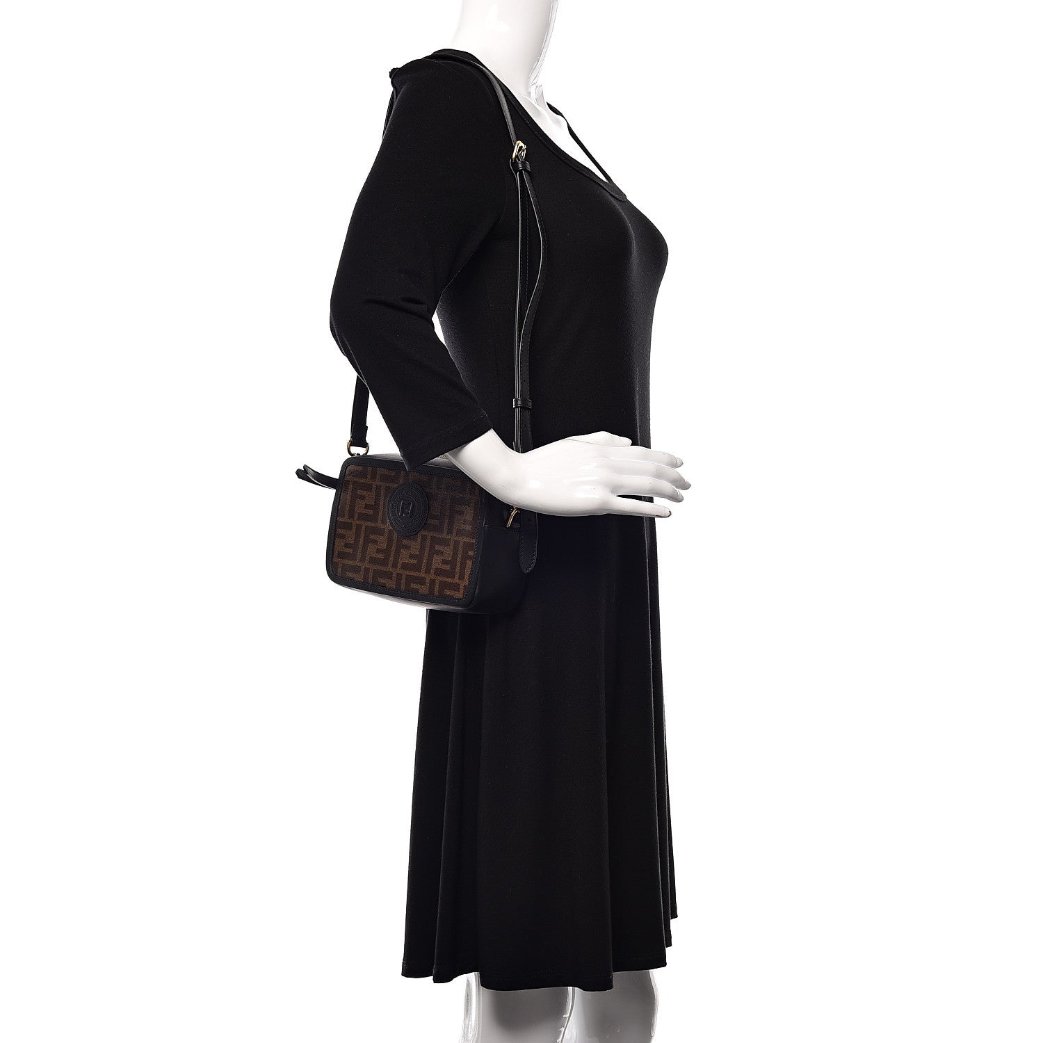 Fendi Glazed Fabric Vitello Century FF 1974 Stamp Patch Mini Camera Case Mogano Panna Black 2 of 14