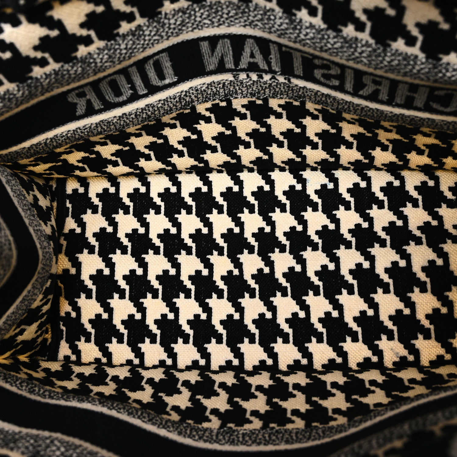 Christian Dior CHRISTIAN DIOR Canvas Macro Houndstooth Embroidered Medium Book Tote Black White 5 of 13