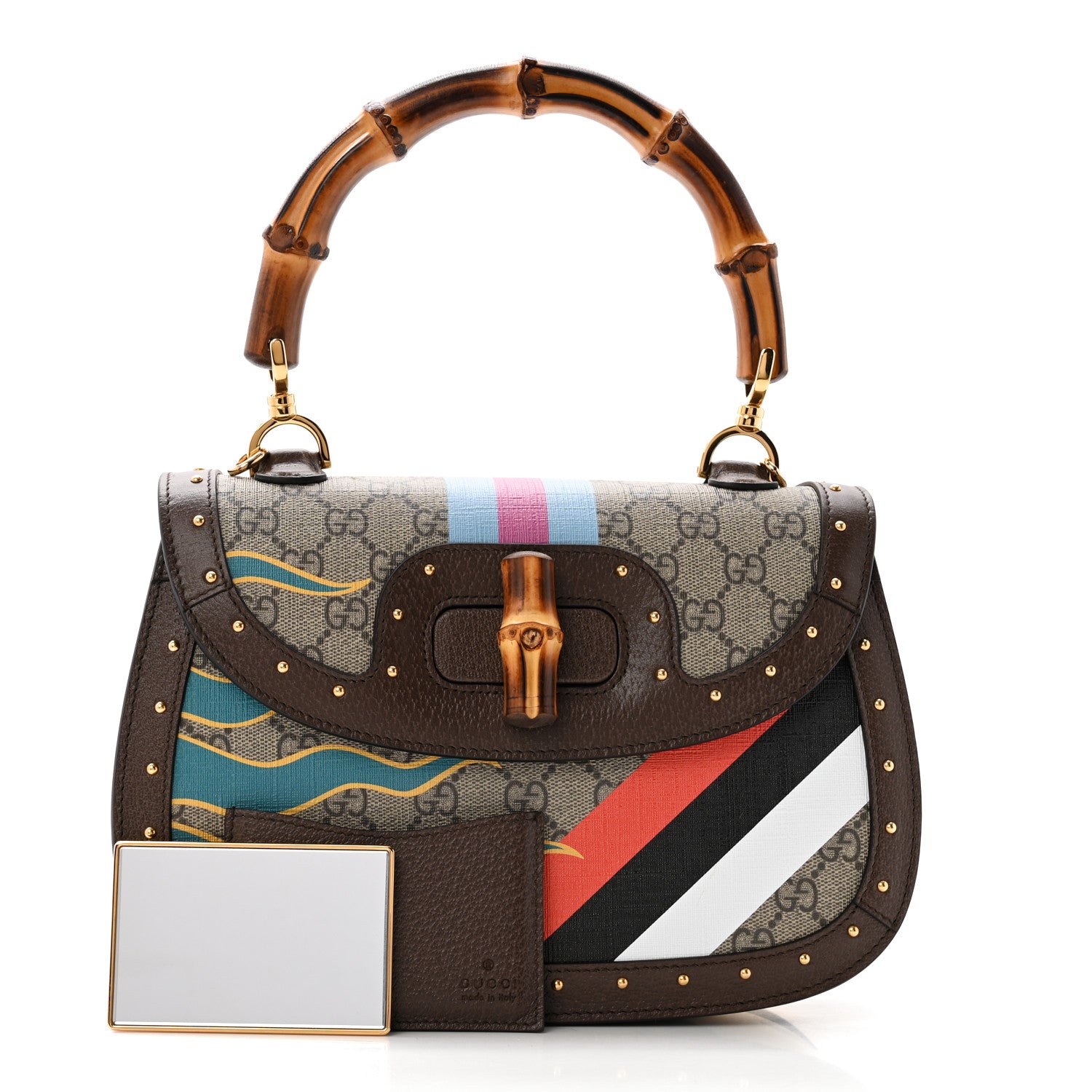 Gucci GG Supreme Monogram Studded Calfskin Centum Medium Bamboo 1947 Top Handle Bag Beige Ebony Multicolor 3 of 10
