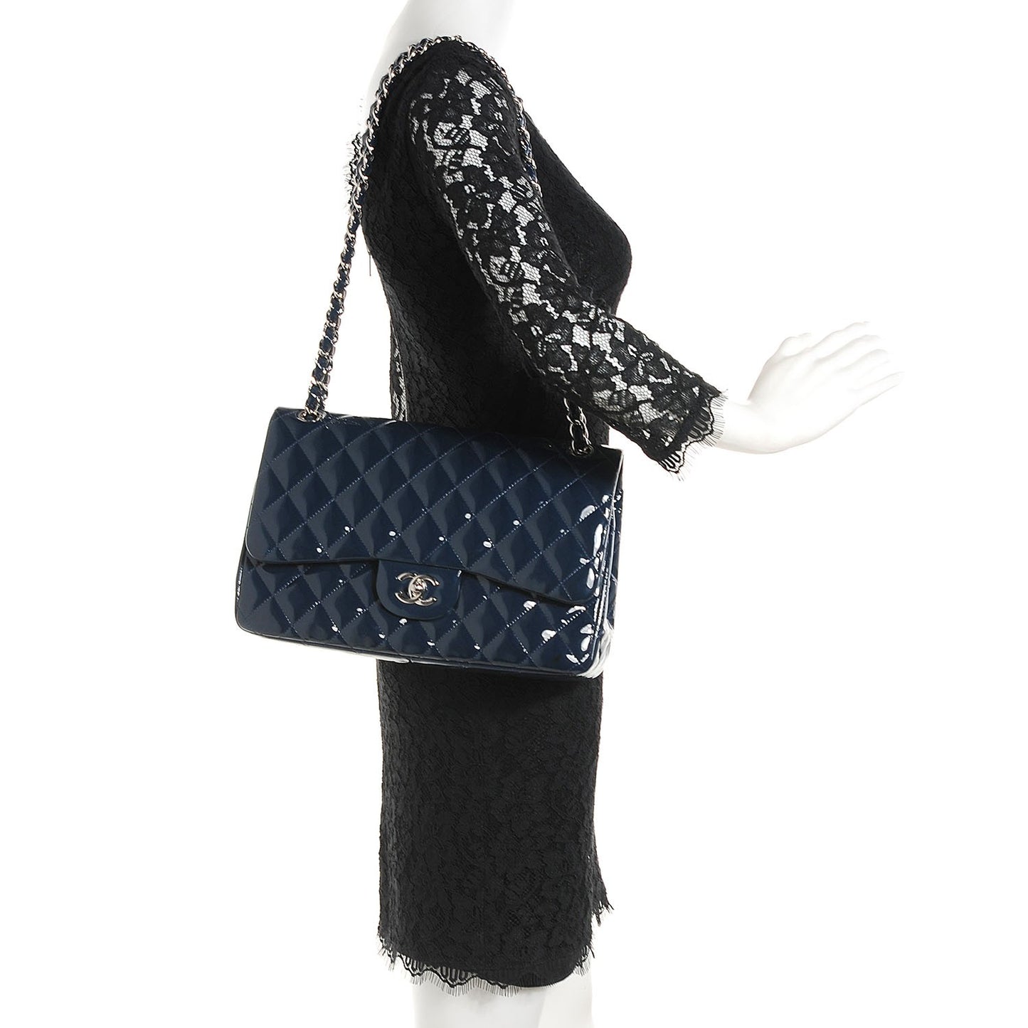 Patent Calfskin Quilted Jumbo Double Flap Blue