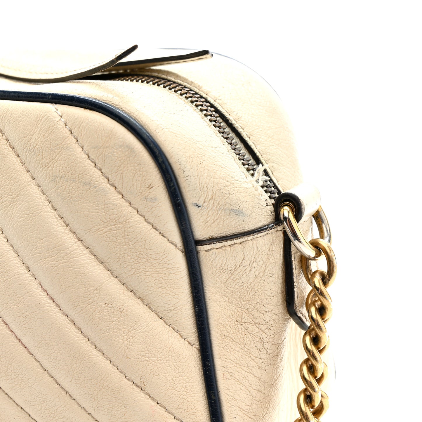 Vintage Effect Calfskin Matelasse Diagonal Small Torchon GG Marmont Chain Shoulder Bag Mystic White Blue Agata