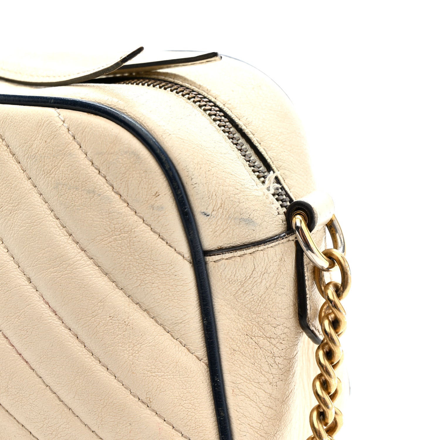 Gucci Vintage Effect Calfskin Matelasse Diagonal Small Torchon GG Marmont Chain Shoulder Bag Mystic White Blue Agata 13 of 21
