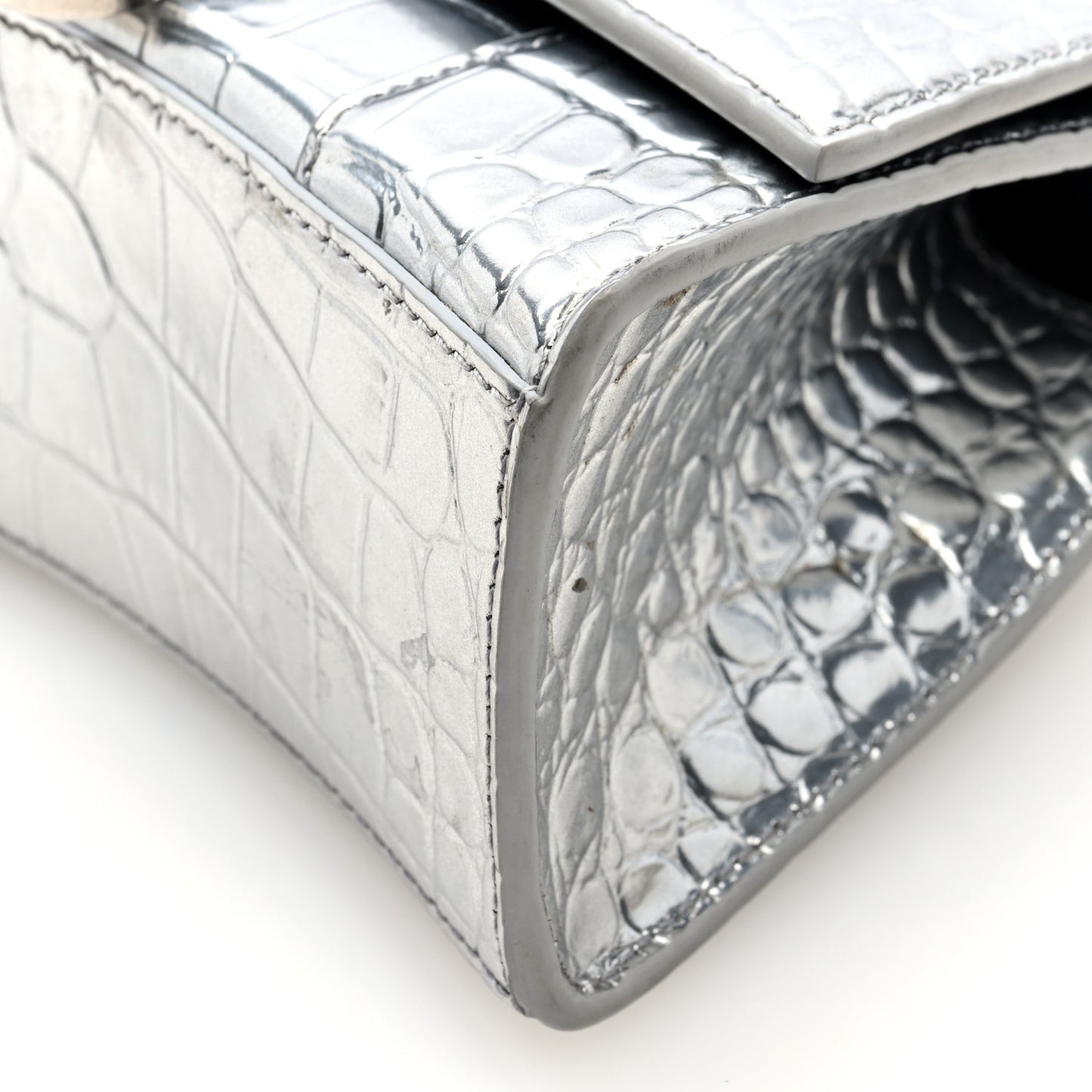 Metallic Calfskin Crocodile Embossed Hourglass Top Handle Bag XS Silver
