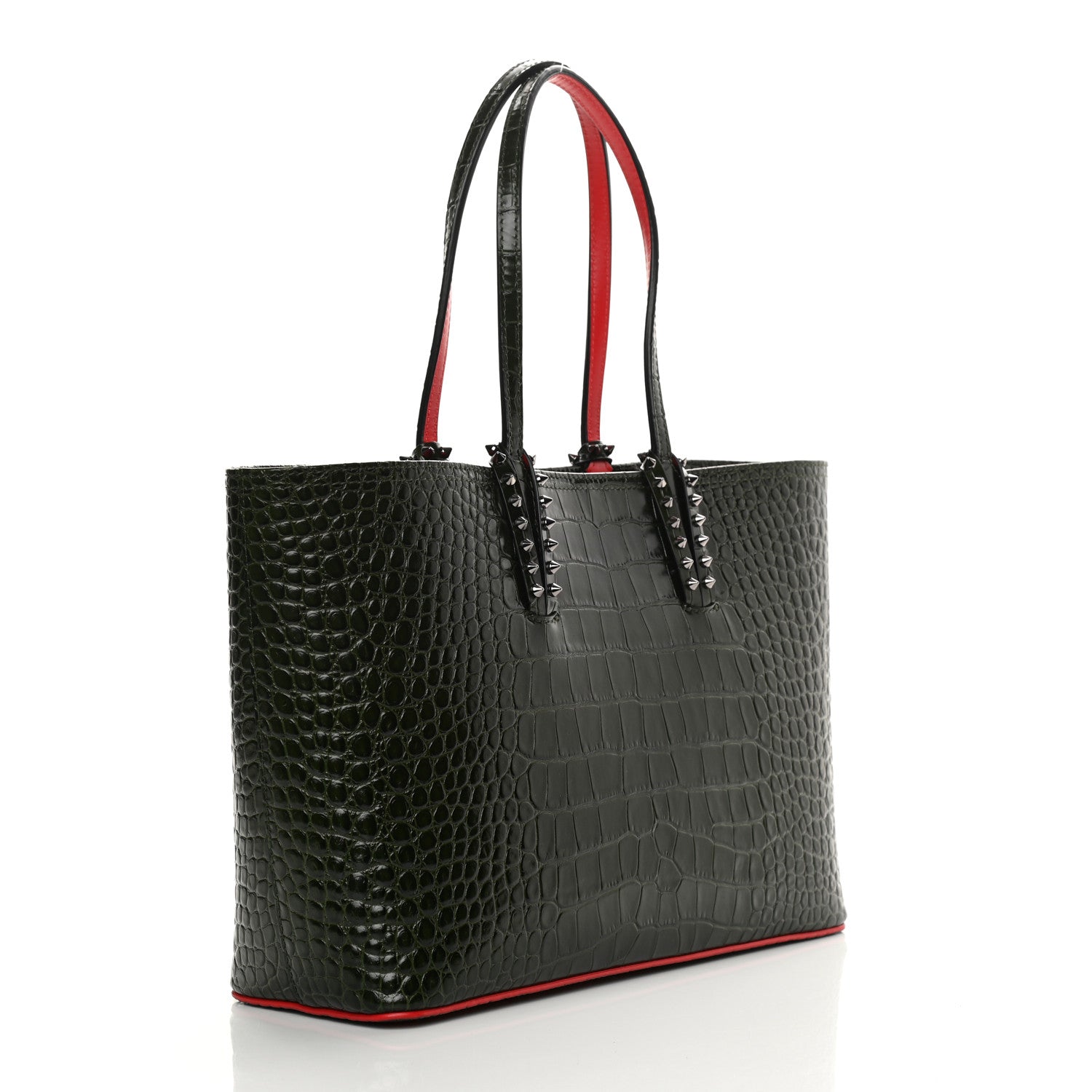 Christian Louboutin Calfskin Crocodile Embossed Spikes East West Cabata Tote Green 4 of 13