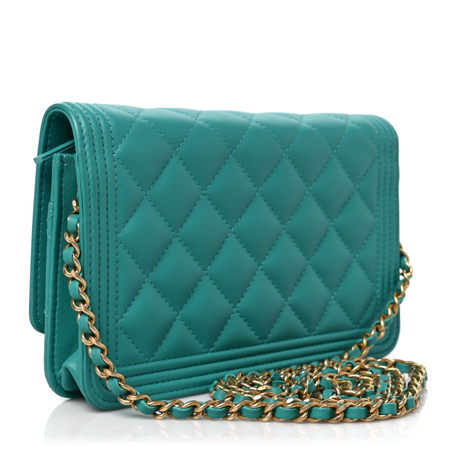 Chanel Lambskin Quilted Boy Wallet On Chain WOC Turquoise 2 of 8