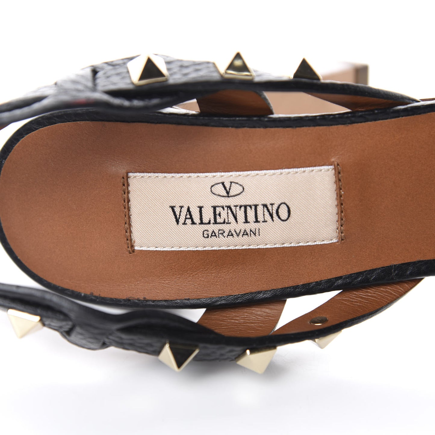 Pebbled Calfskin Rockstud Ankle Strap Sandals 38 Black