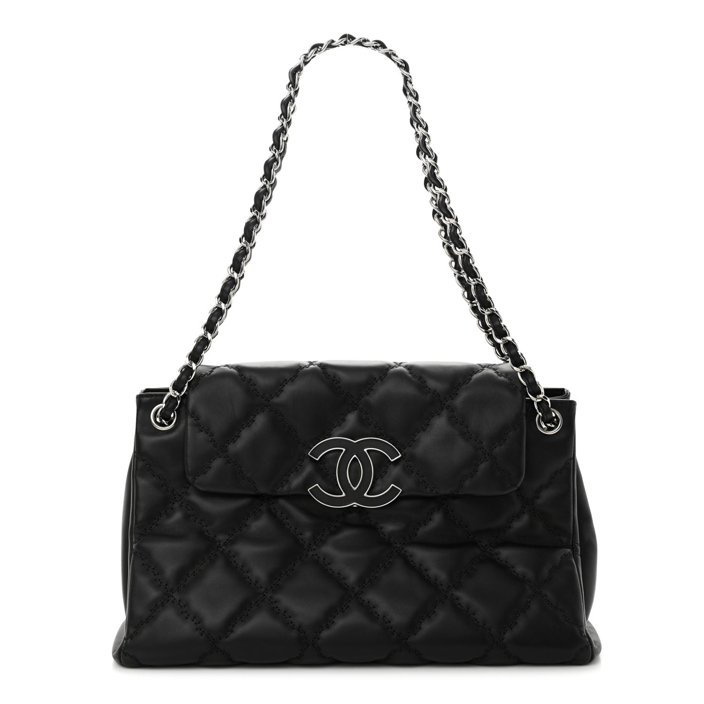 Calfskin Double Stitch Large Hamptons Flap Bag Black
