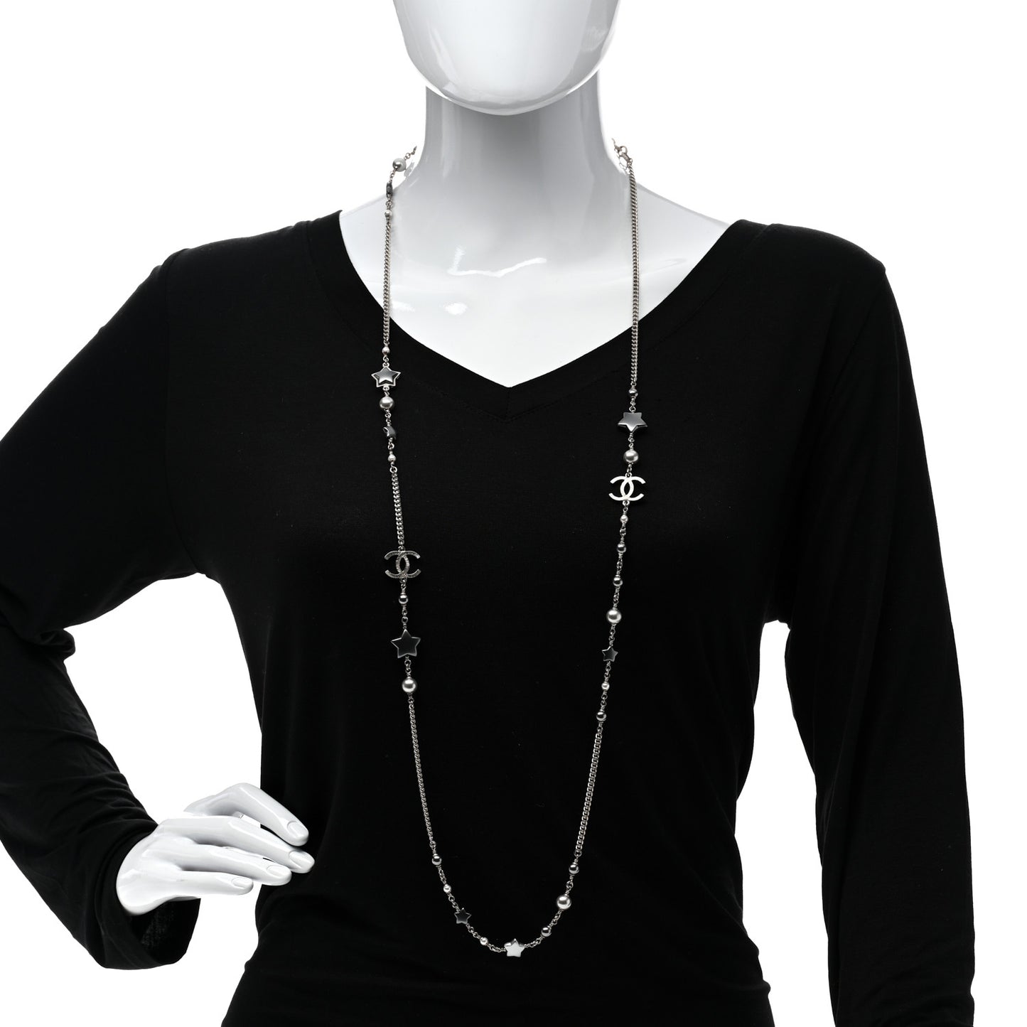Resin Pearl Star CC Necklace Grey Silver