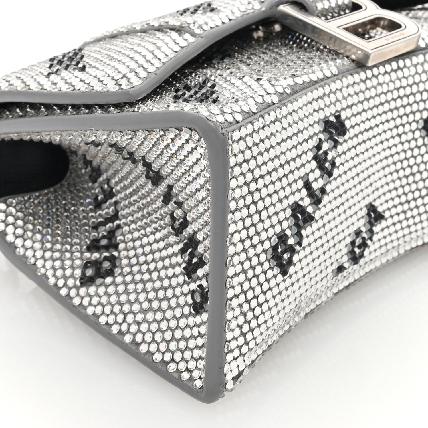 Balenciaga Strass Suede Allover Logo Hourglass Top Handle Bag XS with Chain Silver Black 8 of 9