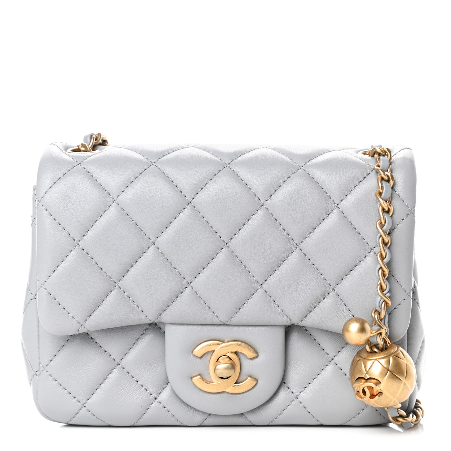 Lambskin Quilted Mini Pearl Crush Flap Light Grey