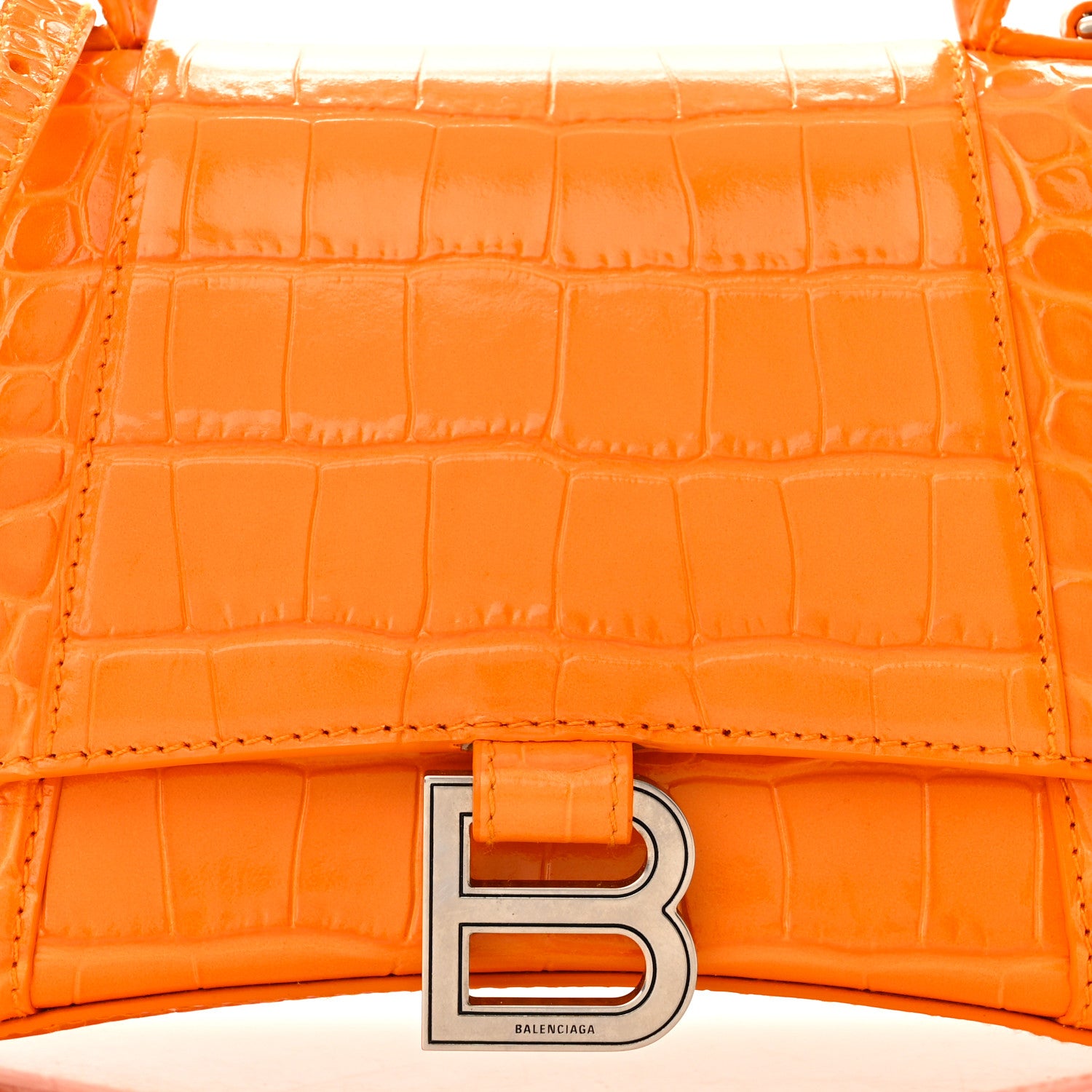 Balenciaga Shiny Calfskin Crocodile Embossed Small Hourglass Top Handle Bag Pop Orange 7 of 11