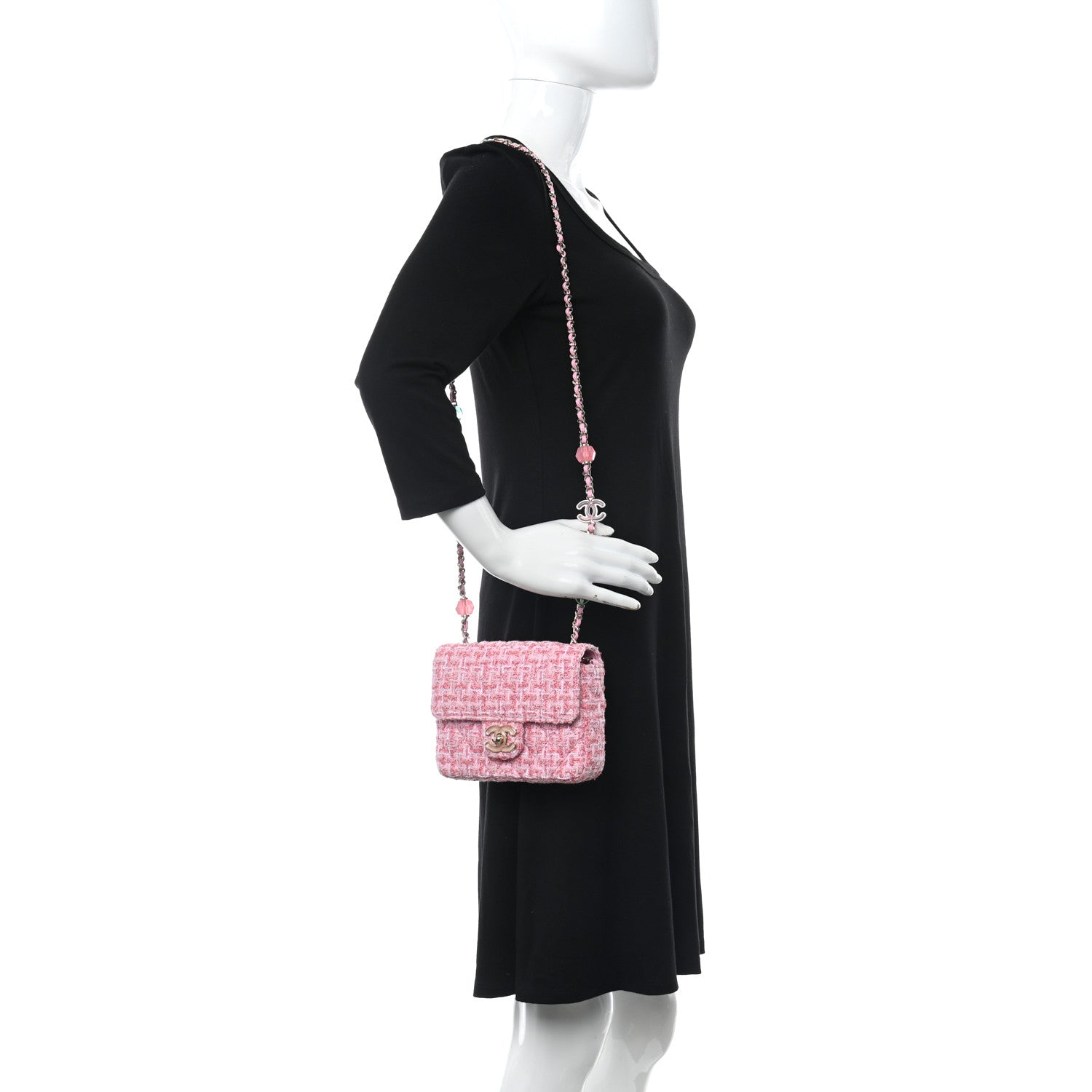 Chanel Tweed Resin Quilted Mini Heart Square Flap Pink White 2 of 11