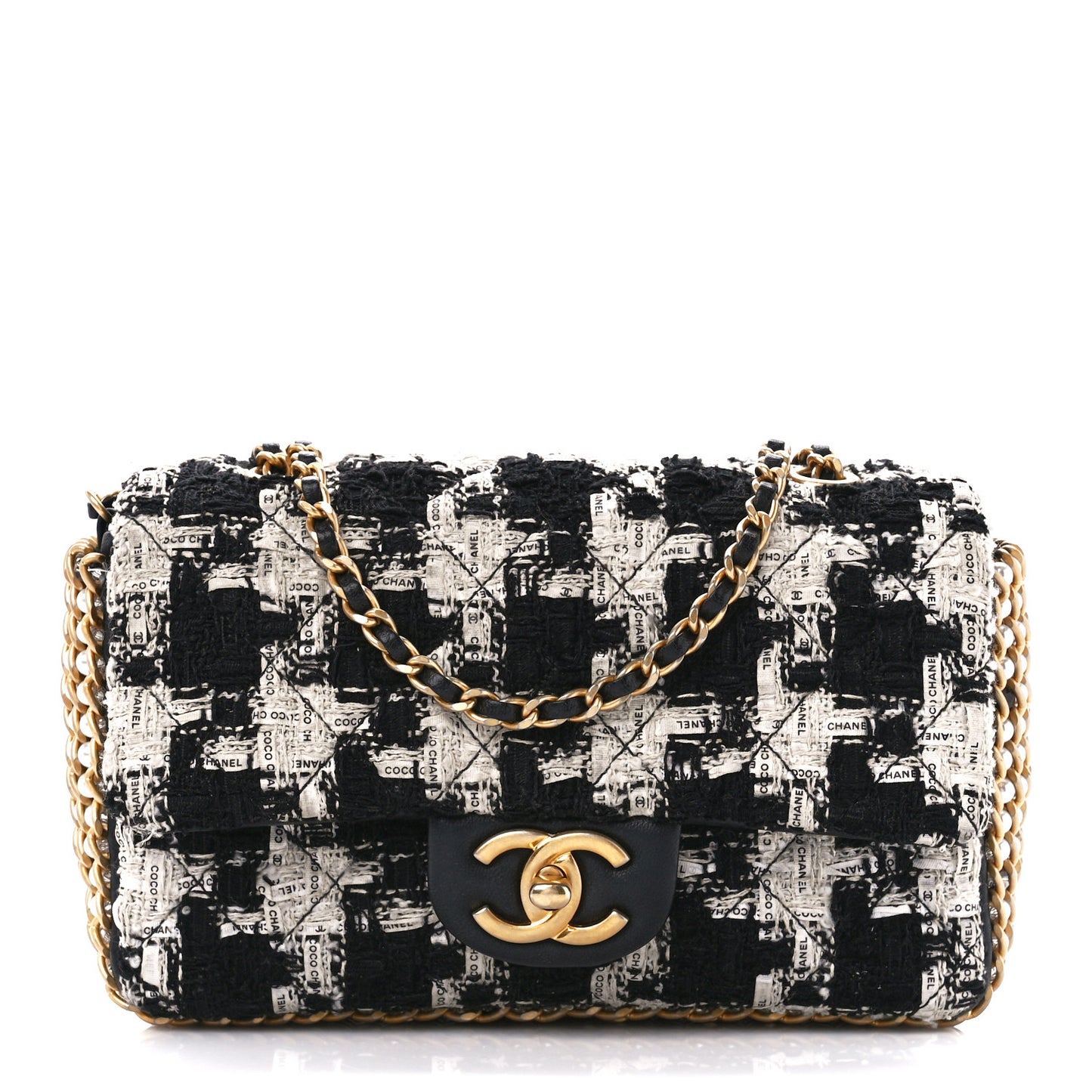 Tweed Quilted Mini Side Pearl Flap Bag Black Ecru White