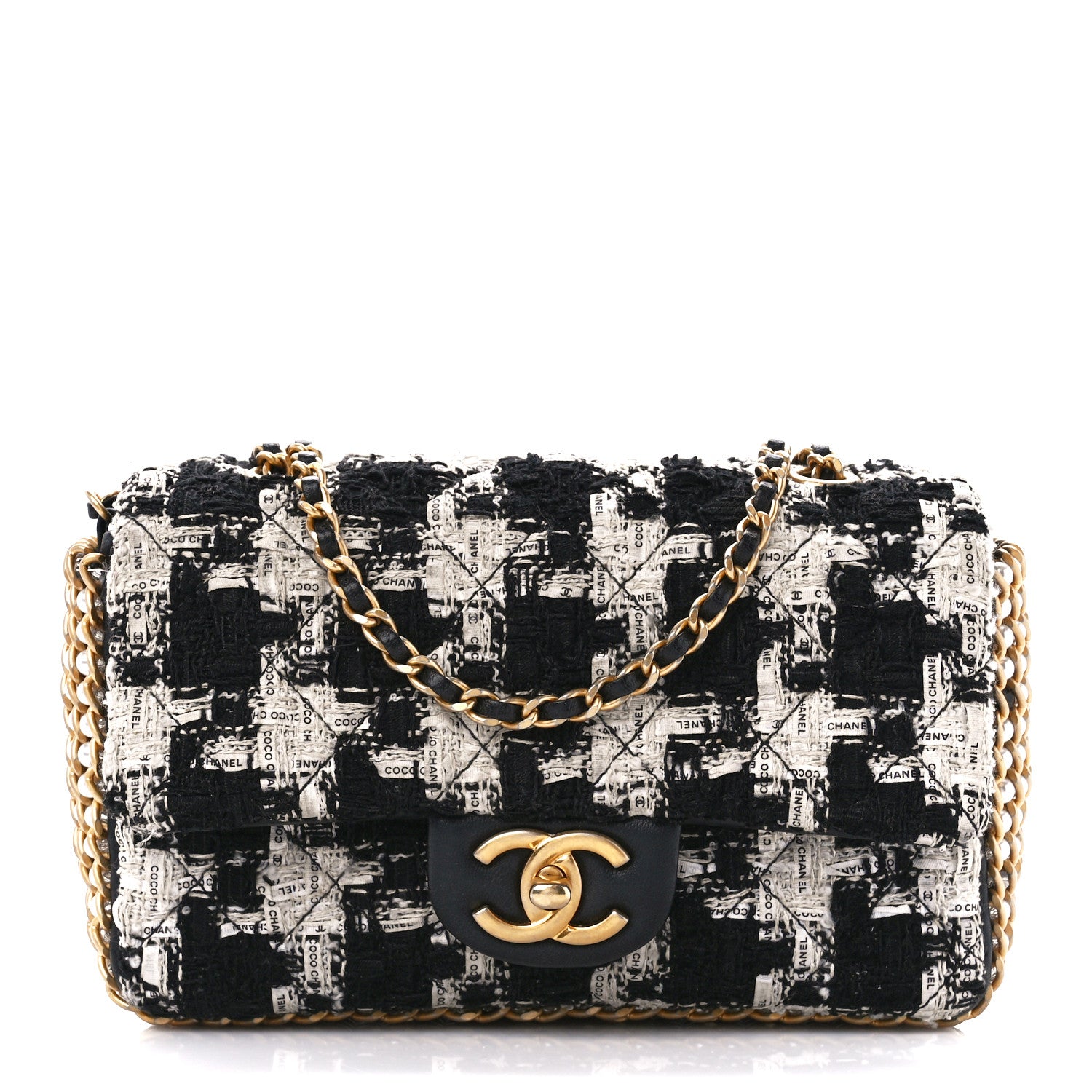 Chanel Tweed Quilted Mini Side Pearl Flap Bag Black Ecru White 1 of 11