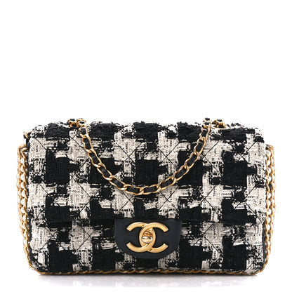 Chanel Tweed Quilted Mini Side Pearl Flap Bag Black Ecru White 1 of 11