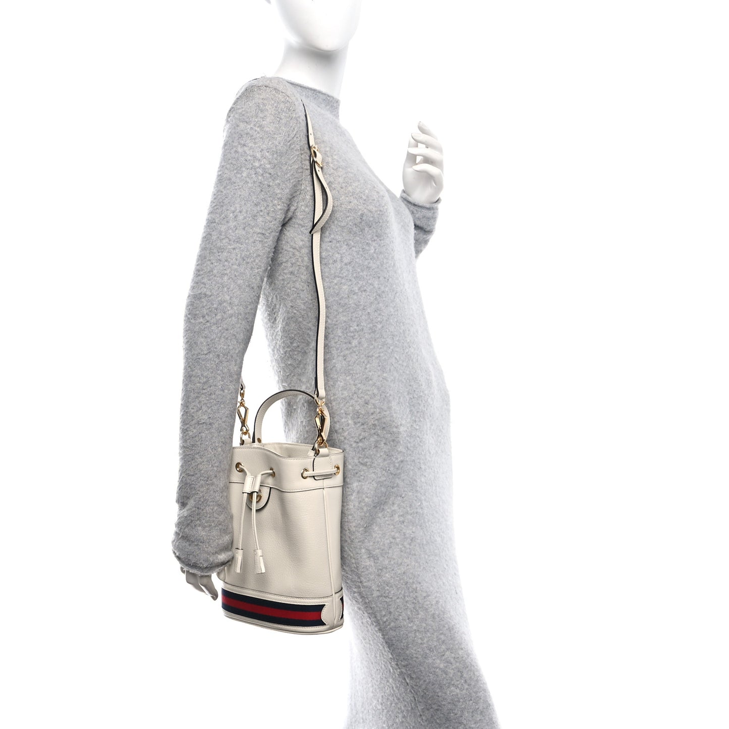 Glazed Textured Calfskin Web Small Ophidia Bucket Bag Mystic White
