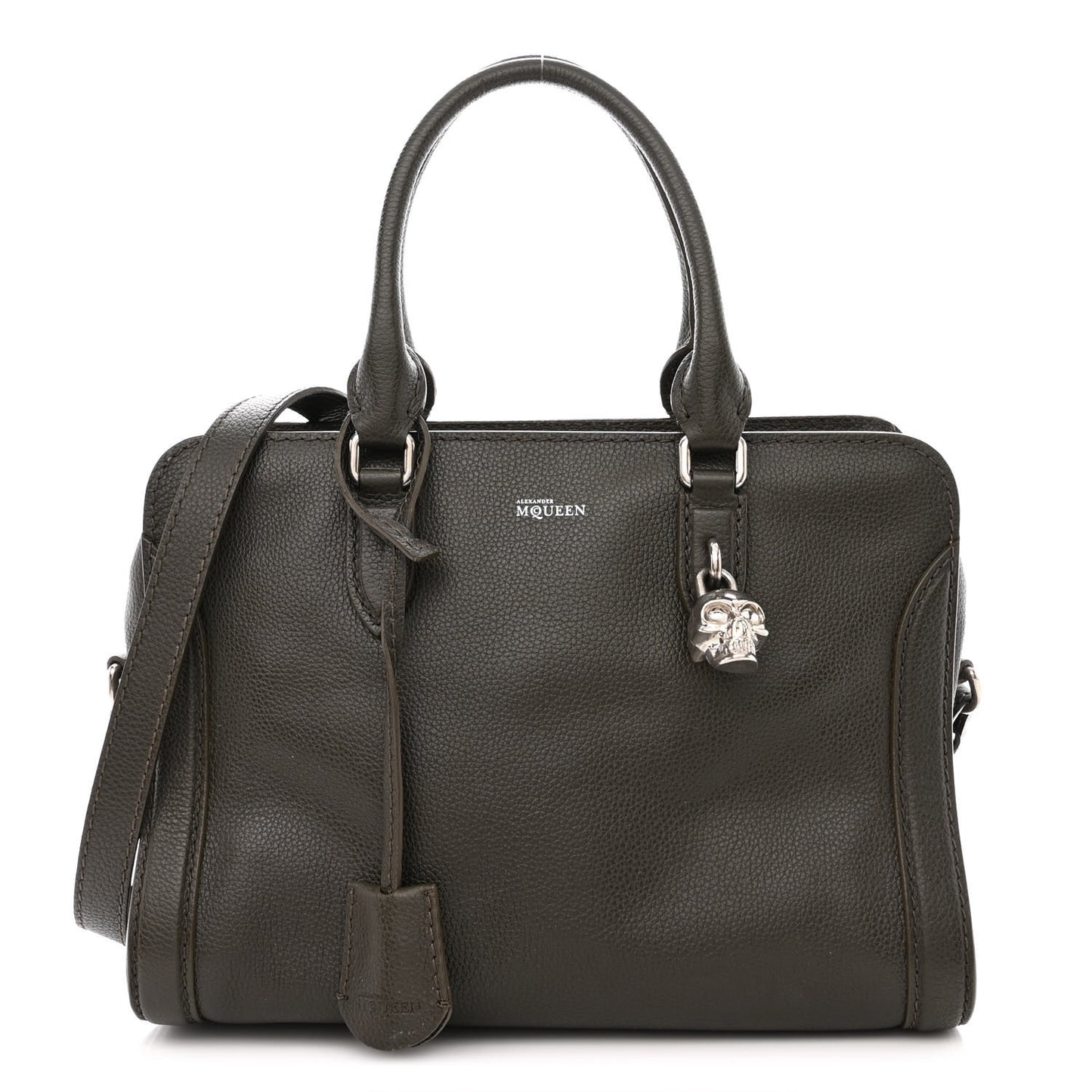 Pebbled Calfskin Small Skull Padlock Zip Around Tote Military Green