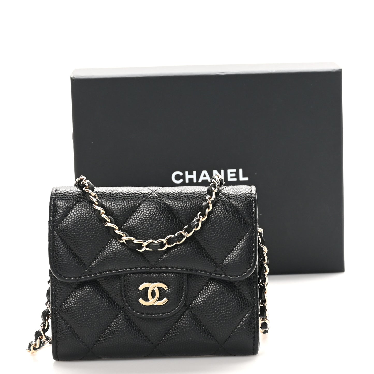 Caviar Quilted Flap Card Holder On Chain Black
