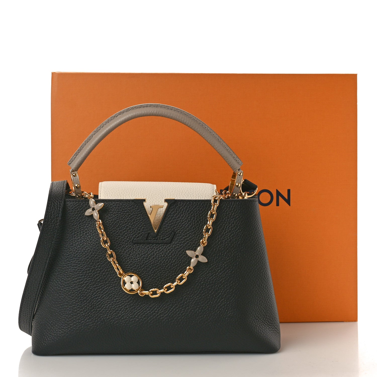 Louis Vuitton Taurillon Flower Chain Capucines MM Black Galet Gray Pearly Cream 10 of 10