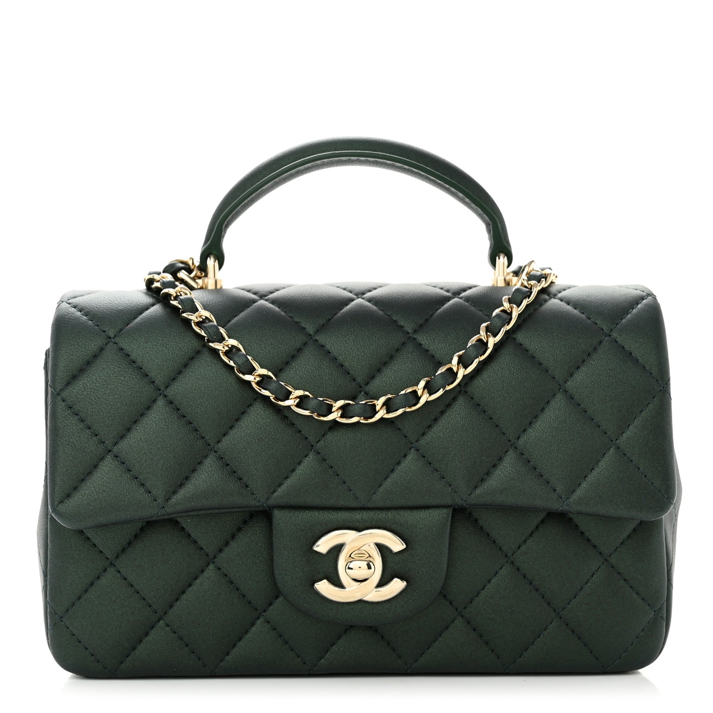 Iridescent Lambskin Quilted Mini Top Handle Rectangular Flap Dark Green