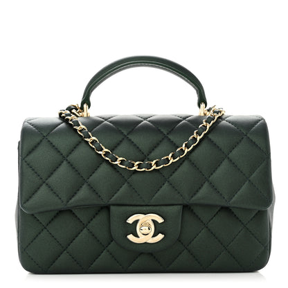 Chanel Iridescent Lambskin Quilted Mini Top Handle Rectangular Flap Dark Green 1 of 11