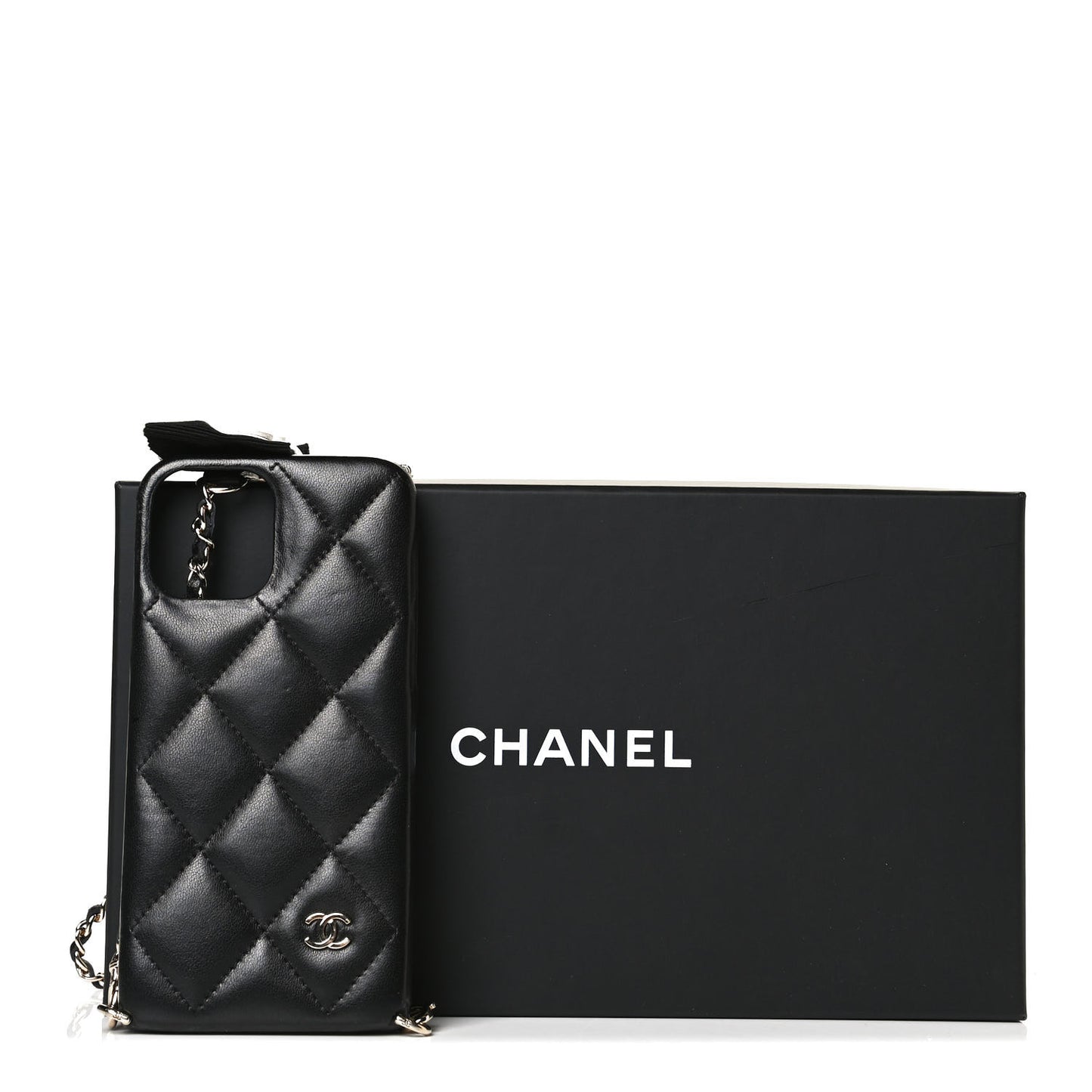 Lambskin Quilted Camellia Bow iPhone XII Pro Holder With Chain Black