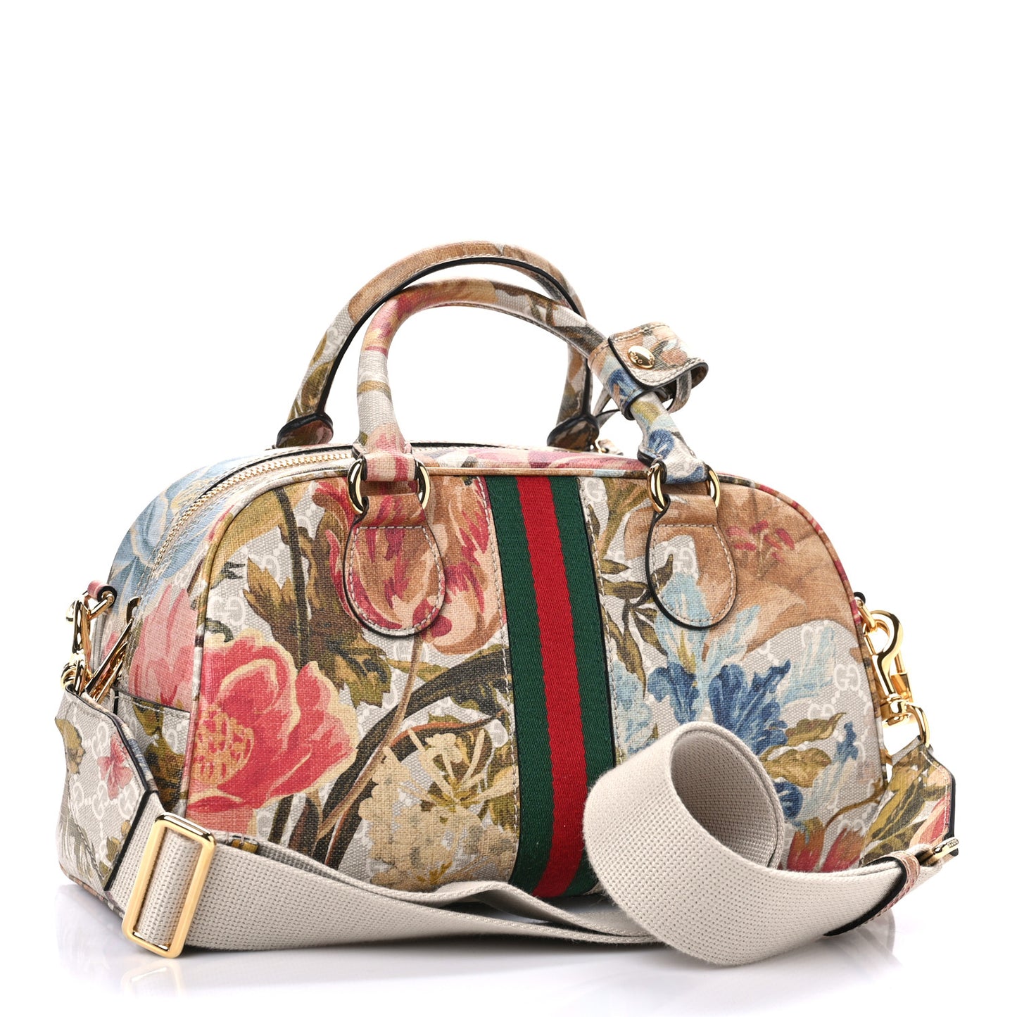 GG Supreme Monogram Water Flora Web Medium Ophidia Top Handle Bowler Bag Beige White Multicolor